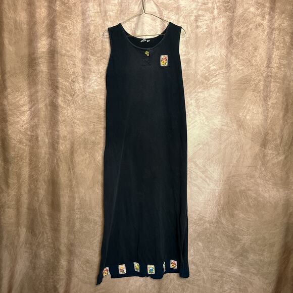 Vintage 90s Black Sleeveless Patchwork Garden Seed Packet Shift Dress Cottage - Picture 2 of 11
